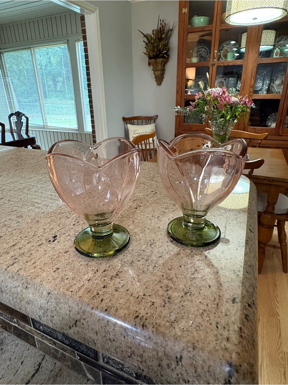 Antique Pink Tulip Glass Vases with Green Bases